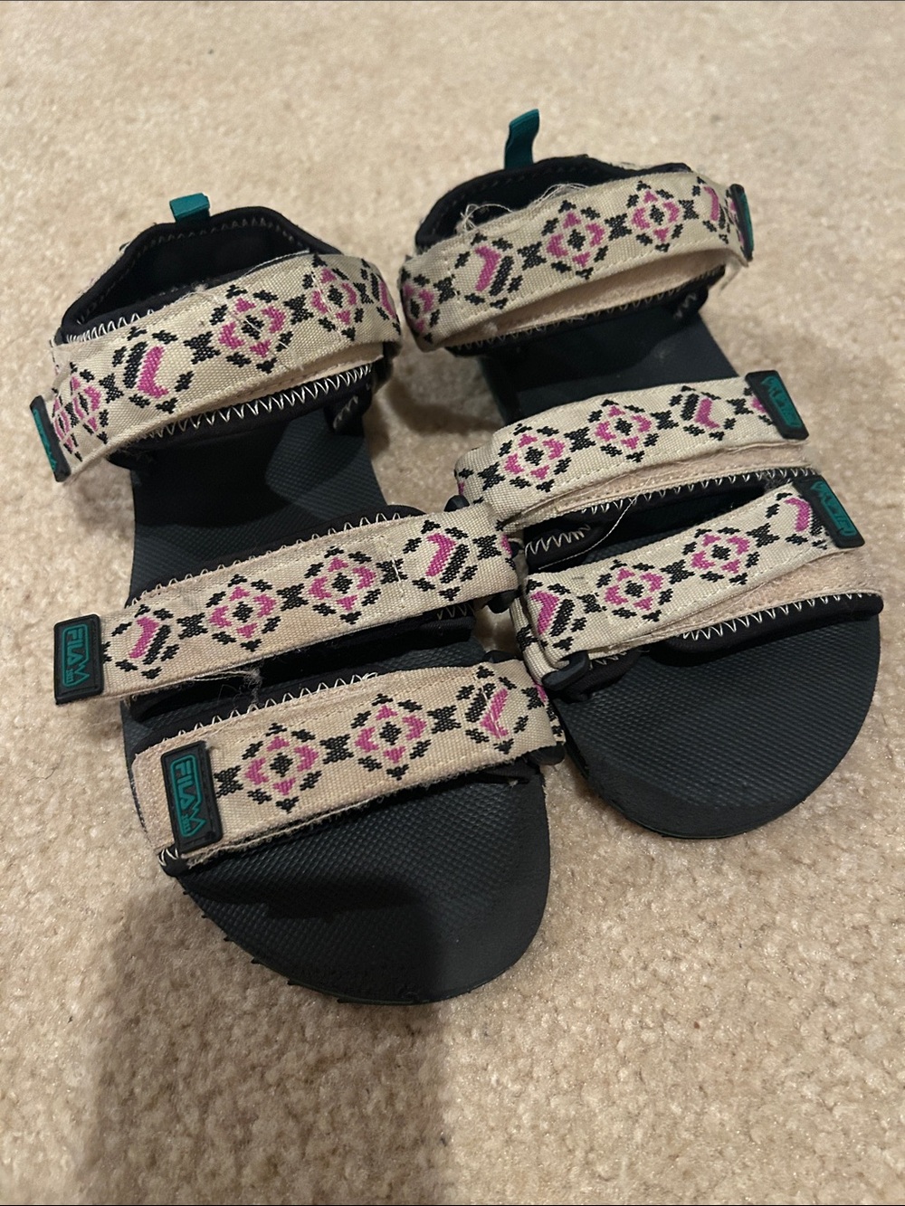 Fila Black Sandals with Cream and Pink Patterned Straps